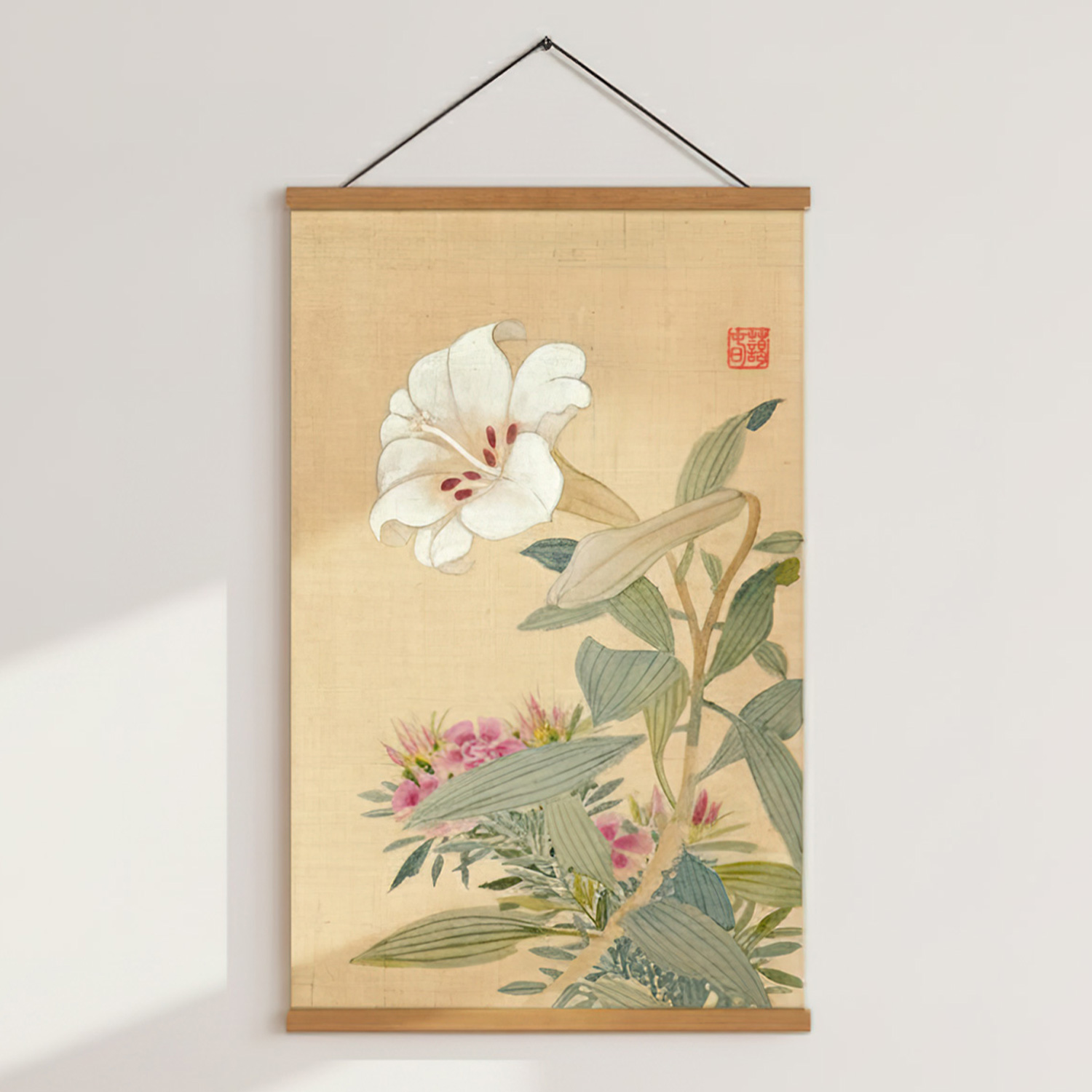 풍수 동양화 민화 꽃그림 우드 행잉 인테리어 원목 족자 포스터 신명연 백합과 패랭이 꽃 - 상세 이미지 2