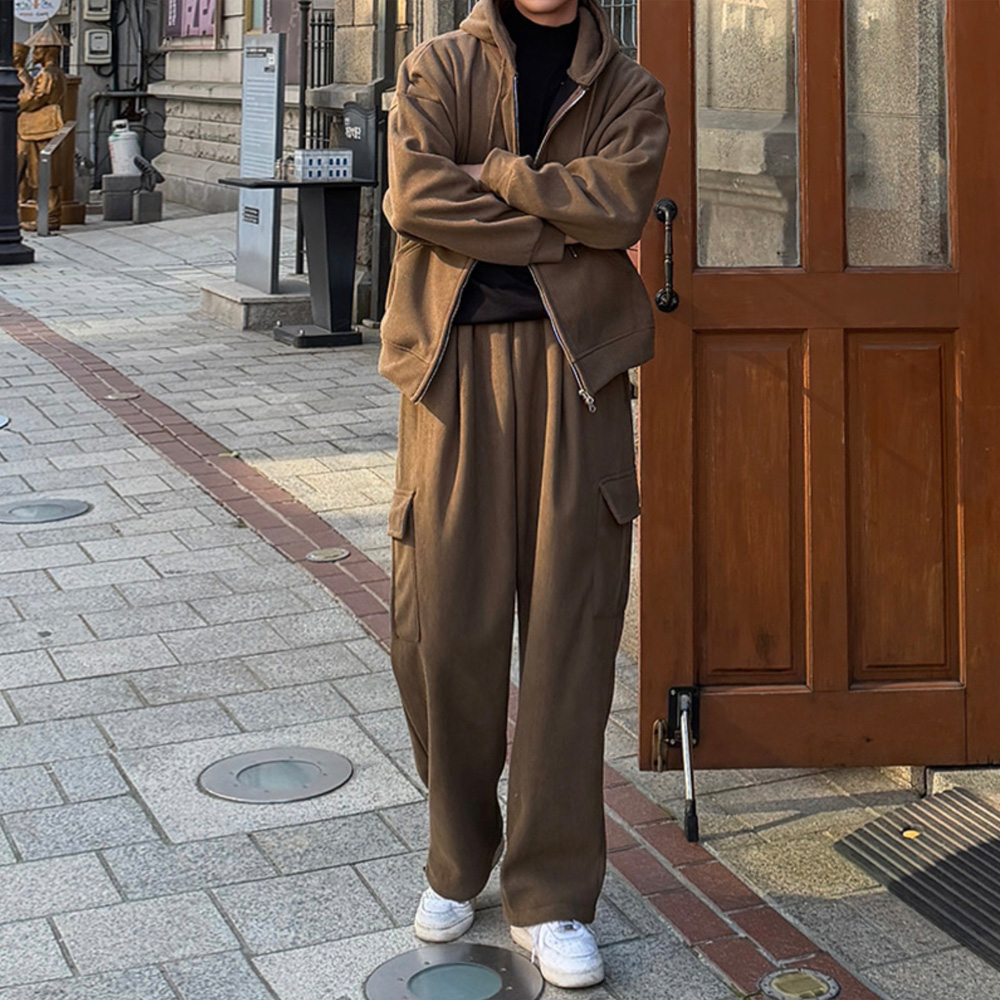 남자 우덴 겨울 기모 오버핏 후드집업 카고 와이드 골덴 셋업 세트 - 상세 이미지 4