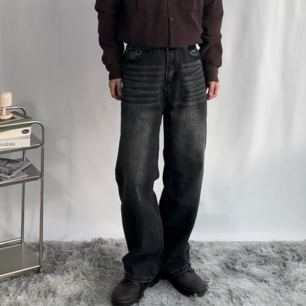 남자 청바지 흑청바지 겨울 와이드 세미와이드 블랙진 벌룬핏 - 상세 이미지 3