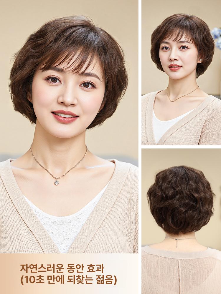 50대 60대 여성 웨이브 단발 가발 인모 리얼헤어 항암 엄마 전체 자연 헤어 내추럴 컬러 - 상세 이미지 3