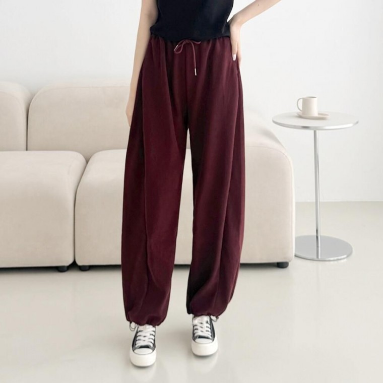 남녀 공용 옆 셔링 스트링 디테일 캐주얼 와이드 바지 - 상품 이미지