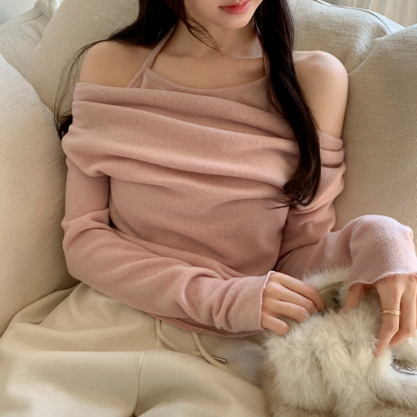 기모 드레이프 홀터넥 레이어드 긴팔 티셔츠 ts4788 - 상품 이미지