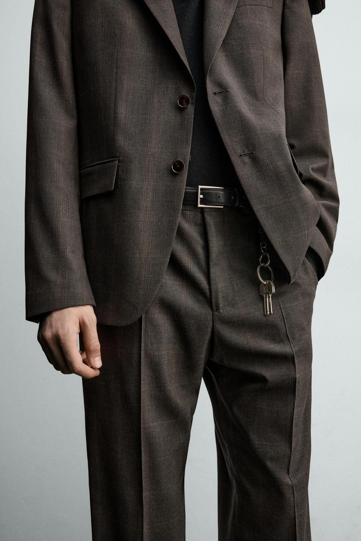 자라 슬림핏 체크 울 블렌드 수트 팬츠 1564/103 DARK BROWN - 상세 이미지 5