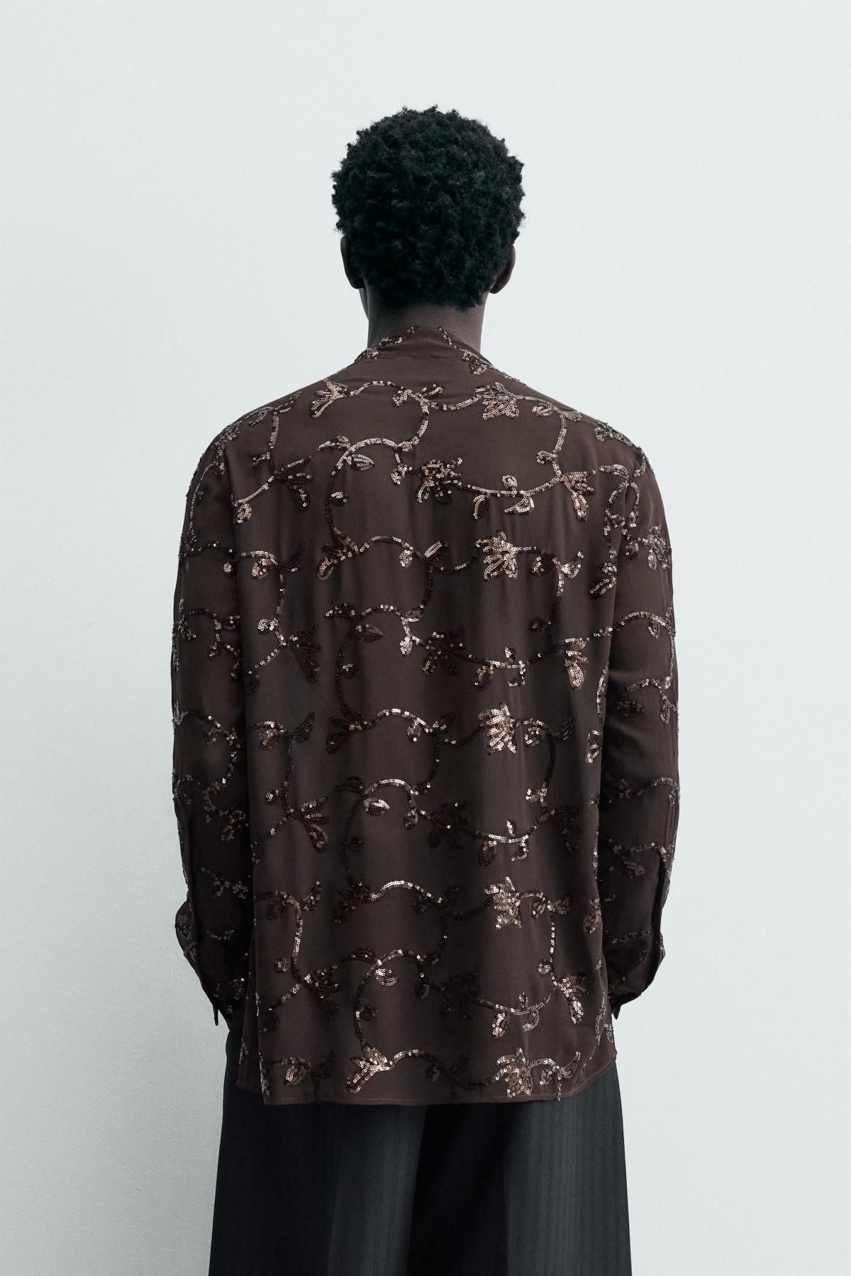 자라 한정판 시퀸 세미시스루 긴팔 셔츠 4344/105 BROWN - 상세 이미지 4