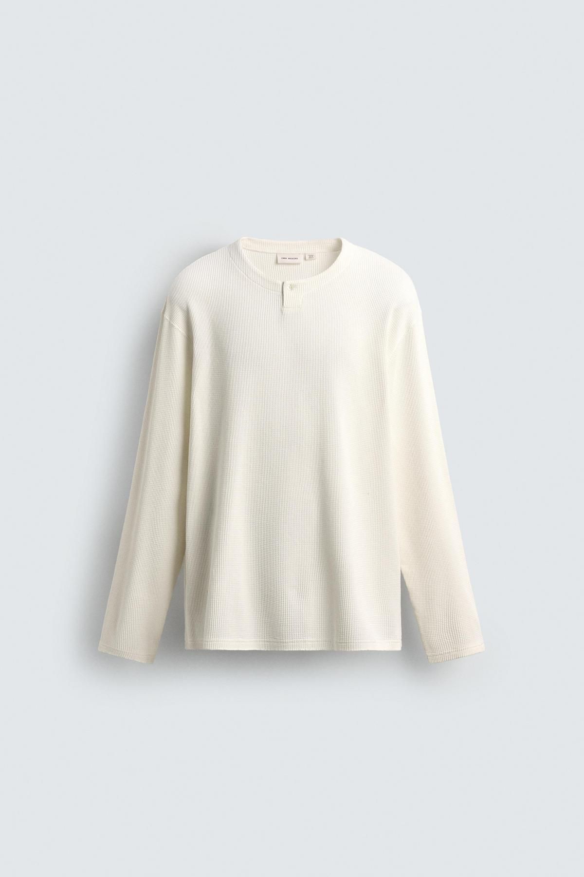 자라 와플 니트 헨리넥 긴팔 티셔츠 아이보리 4161/310 OYSTER-WHITE - 상품 이미지