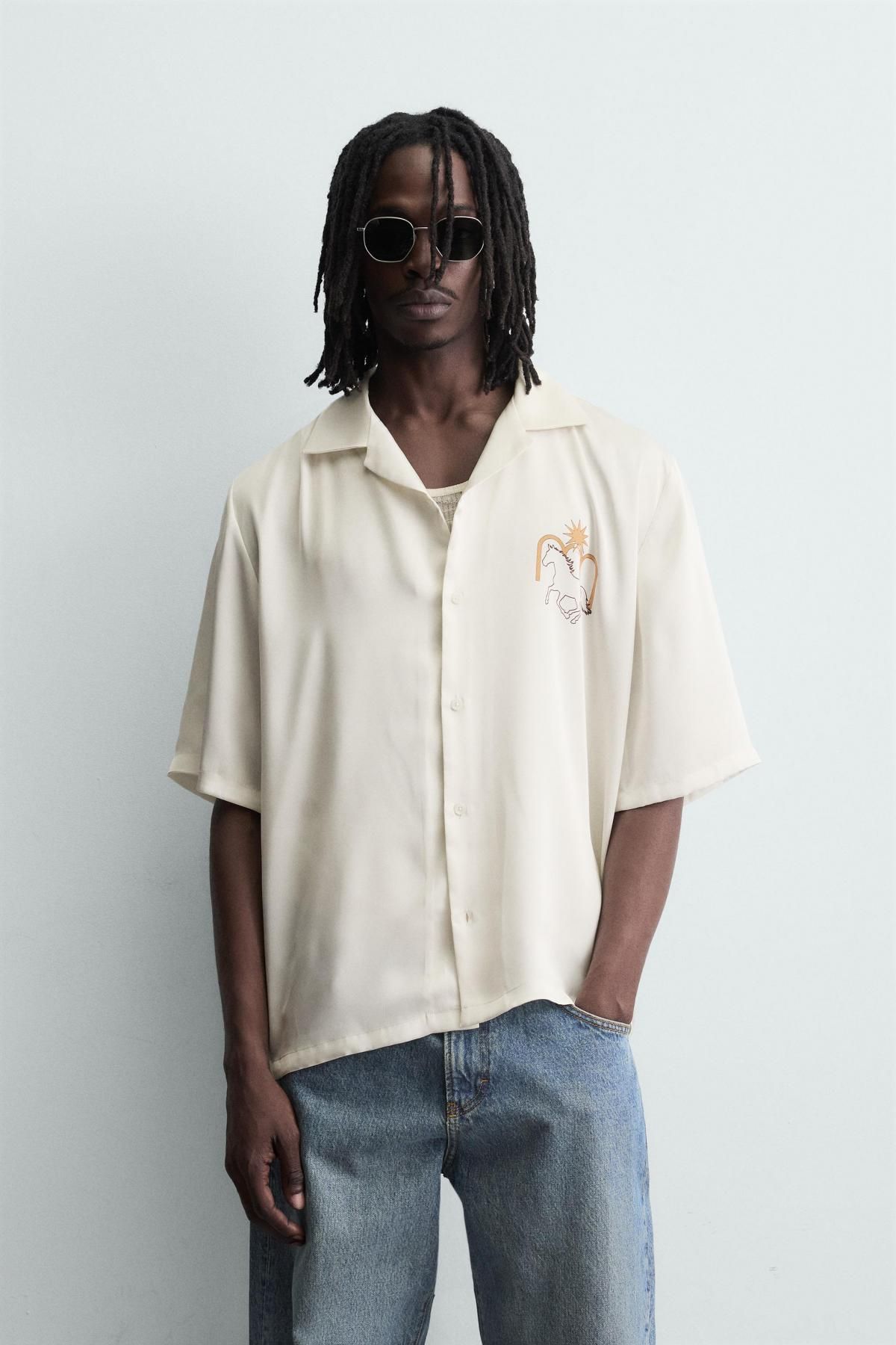 자라 테크니컬 프린트 반팔 셔츠 6085/316 OYSTER-WHITE - 상세 이미지 3