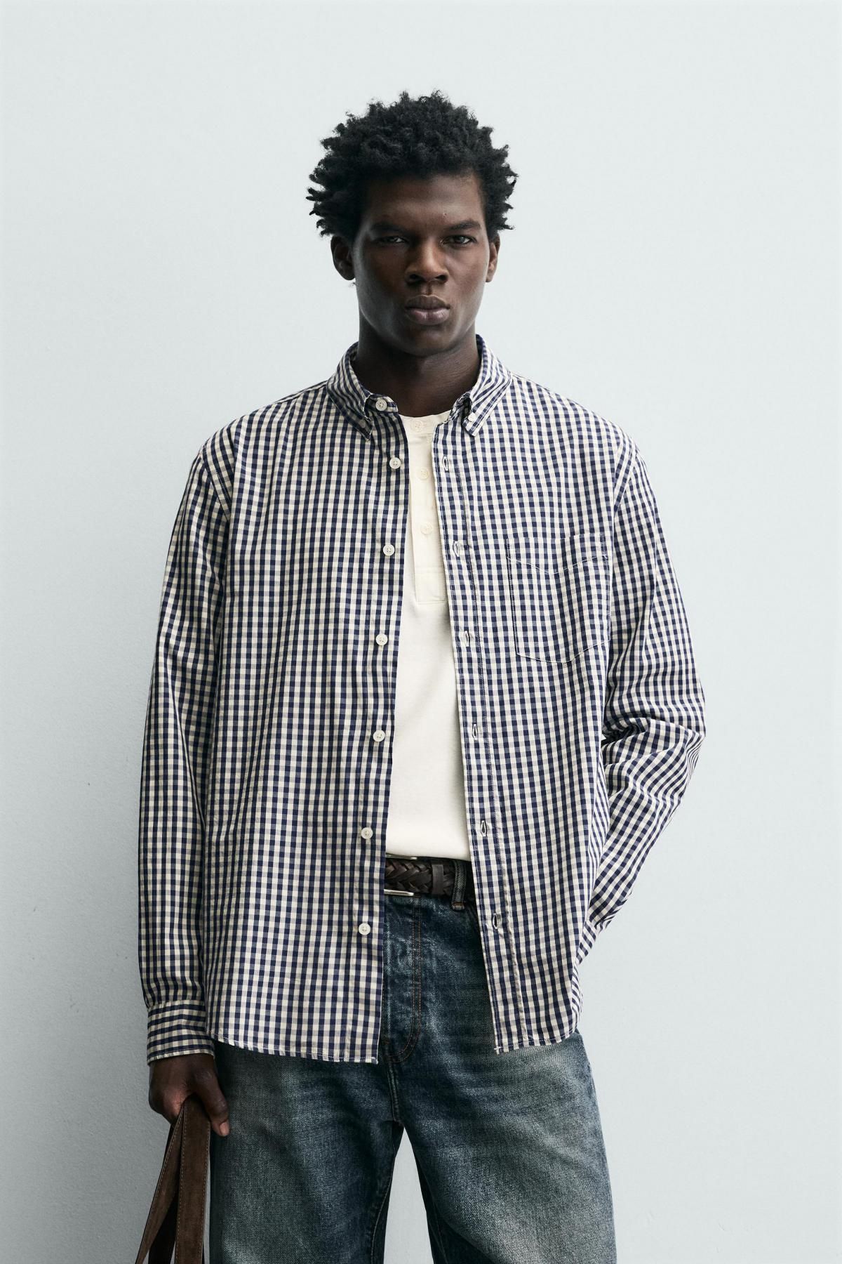 자라 테크니컬 체크 긴팔 셔츠 포켓 레귤러핏 9969/191 NAVY / WHITE - 상세 이미지 3