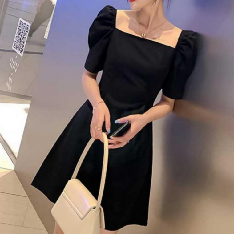여성 여름 데이트룩 퍼프 오프숄더 미니 블랙 원피스 - 상품 이미지