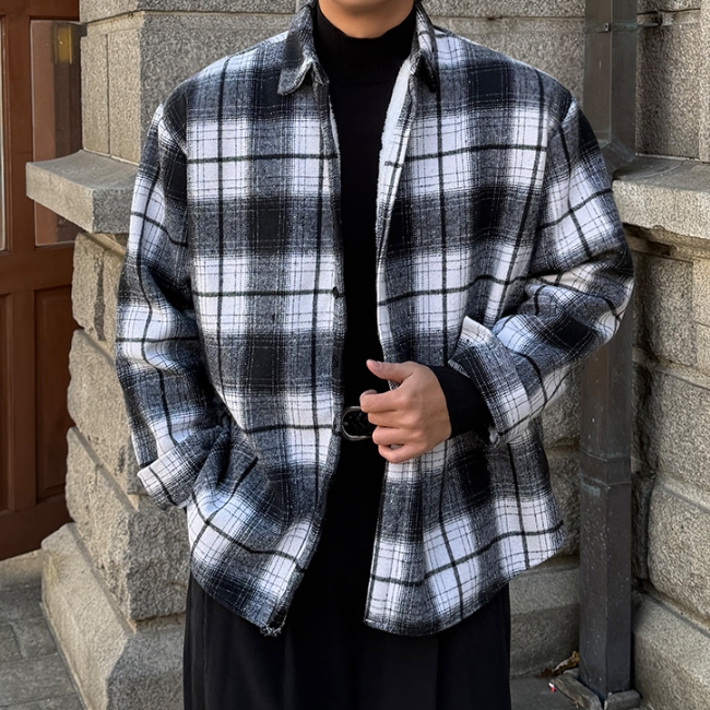 남자 히스 오버핏 겨울 양털안감 모직 체크 남방 - 상세 이미지 2