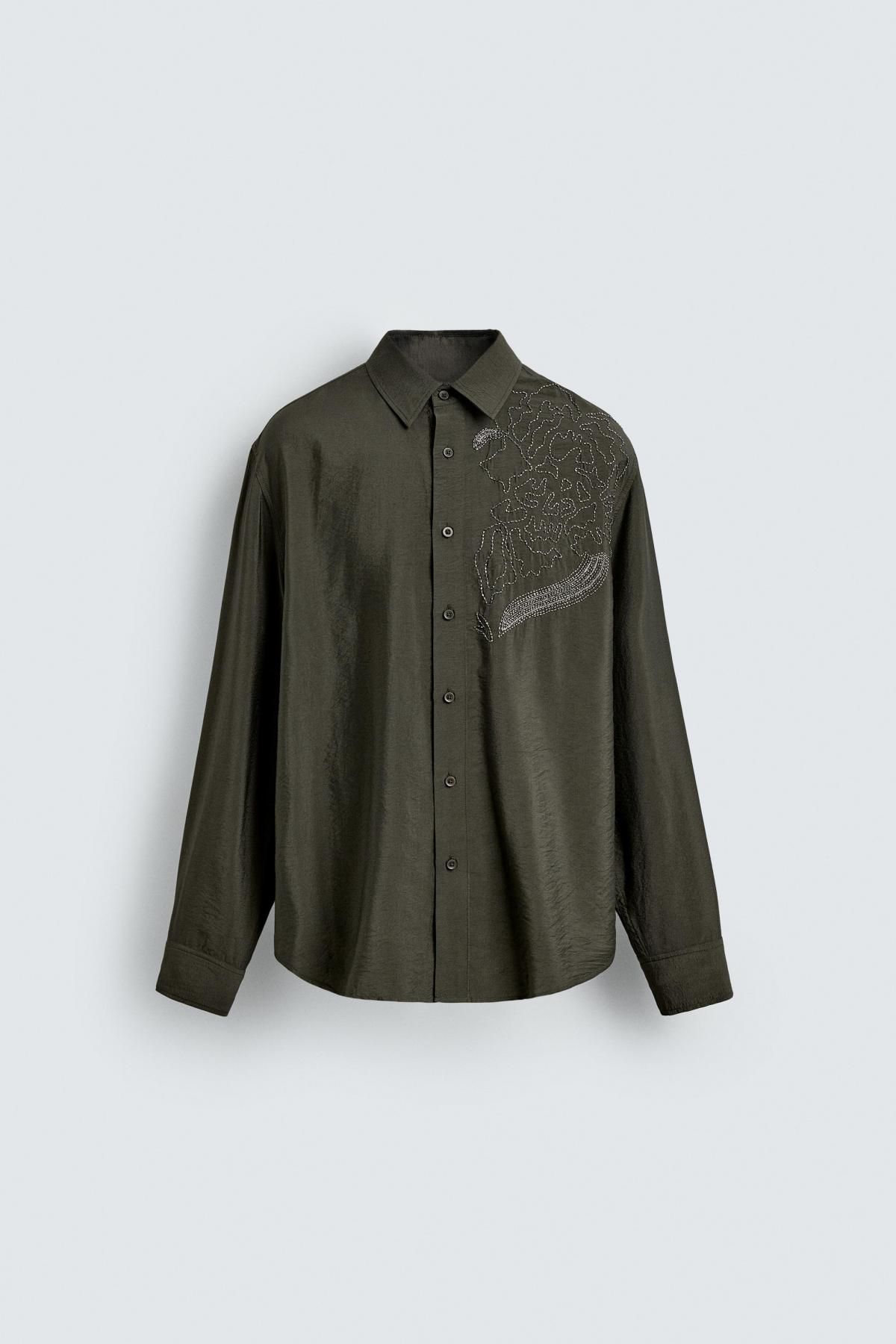자라 한정판 비즈 자수 릴렉스핏 셔츠 7200/430 DARK KHAKI - 상품 이미지