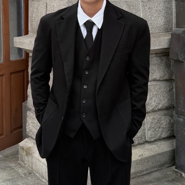 남자 히메 겨울 3피스 울 베스트 수트 정장 셋업 세트 - 상세 이미지 5