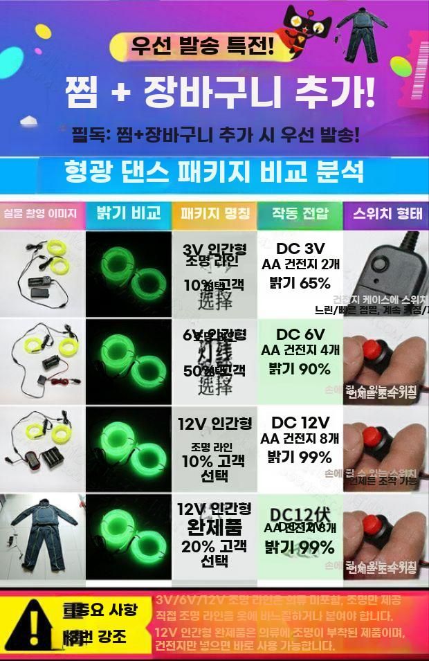LED 조명 댄스복 형광 댄스 의상 공연 파티 발광 무대 6V 일체형라인 형광 녹색 - 상세 이미지 2