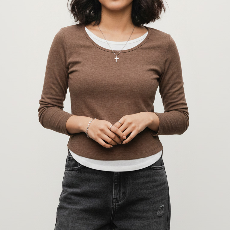 페이크레이어드 긴팔배색티셔츠 라운드세미크롭 데일리기본티셔츠 이미지 6
