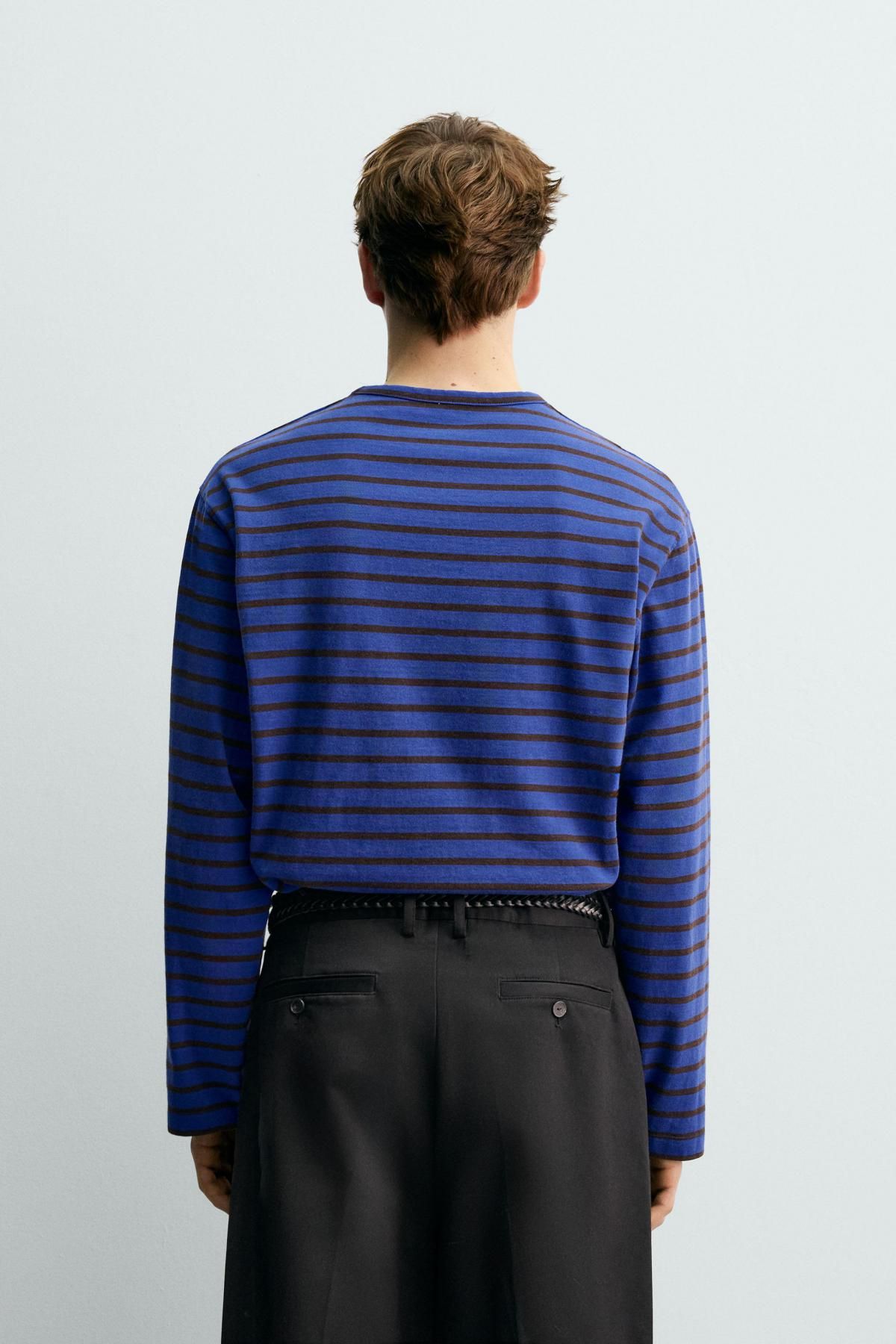 자라 스트라이프 코튼 티셔츠 X 아론 레빈 1887/324 BROWN-BLUE - 상세 이미지 4
