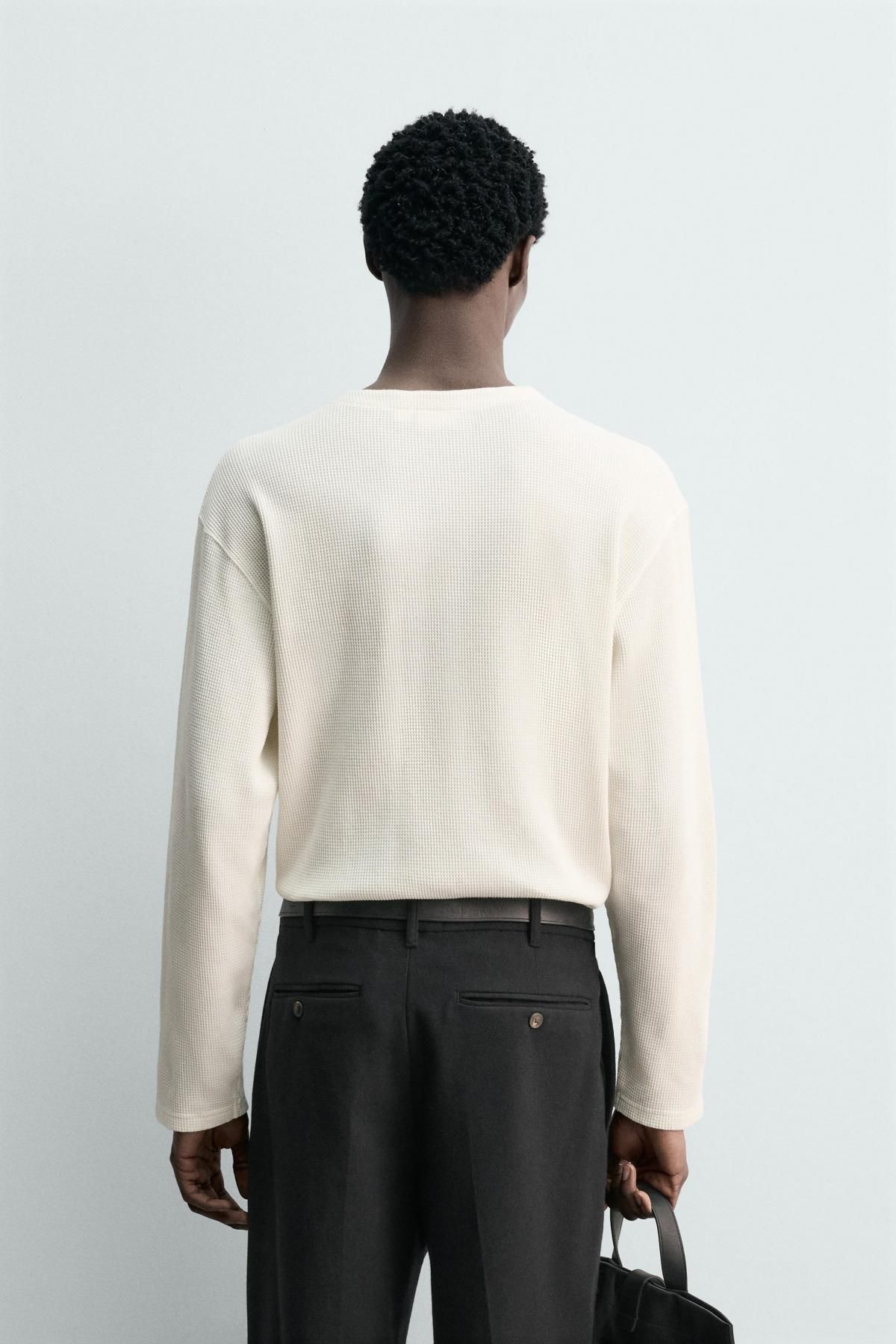 자라 와플 니트 헨리넥 긴팔 티셔츠 아이보리 4161/310 OYSTER-WHITE - 상세 이미지 4