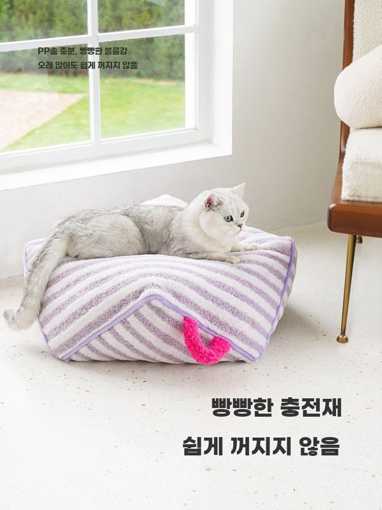 고양이소파 캣 쇼파 쿠션 침대 애완동물 펫 좌식 베드 줄무늬 노란색 소파 (최대 7.5kg) 부드러운 문 양털 원단 - 상세 이미지 3