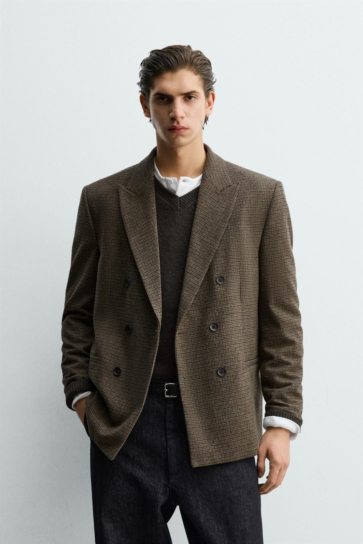 자라 울블렌드 체크 더블브레스트 블레이저 5854/430 BROWN - 상세 이미지 3