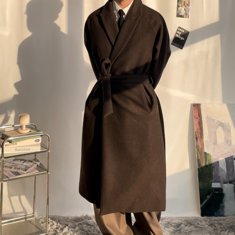 남자 로브 코트 겨울 롱 코트 울 오버핏 모직 결혼식 하객룩 - 상세 이미지 3