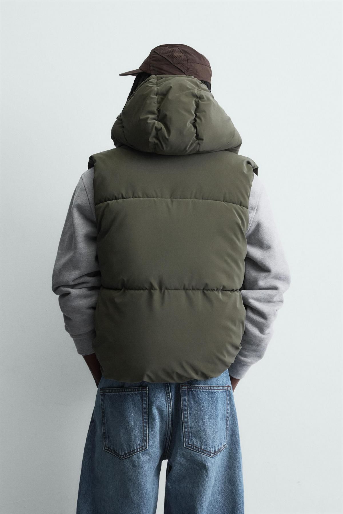 자라 테크니컬 러버라이즈 패딩 후드 베스트 카키 0666/310 LIGHT KHAKI - 상세 이미지 4