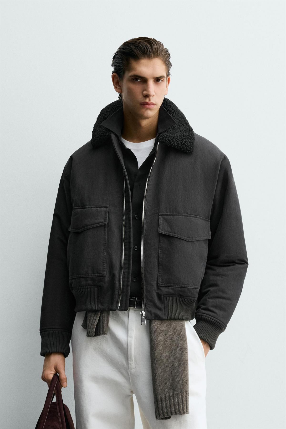자라 배색 칼라 크롭 블랙 봄버 재킷 0155/170 ANTHRACITE GREY - 상세 이미지 3