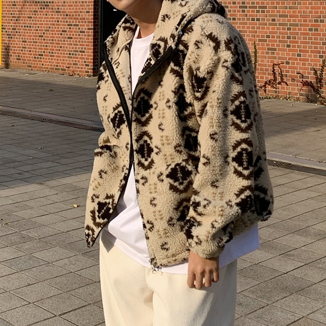 남자 덴덴 오버핏 겨울 양털 덤블 후리스 후드 집업 자켓 이미지 6