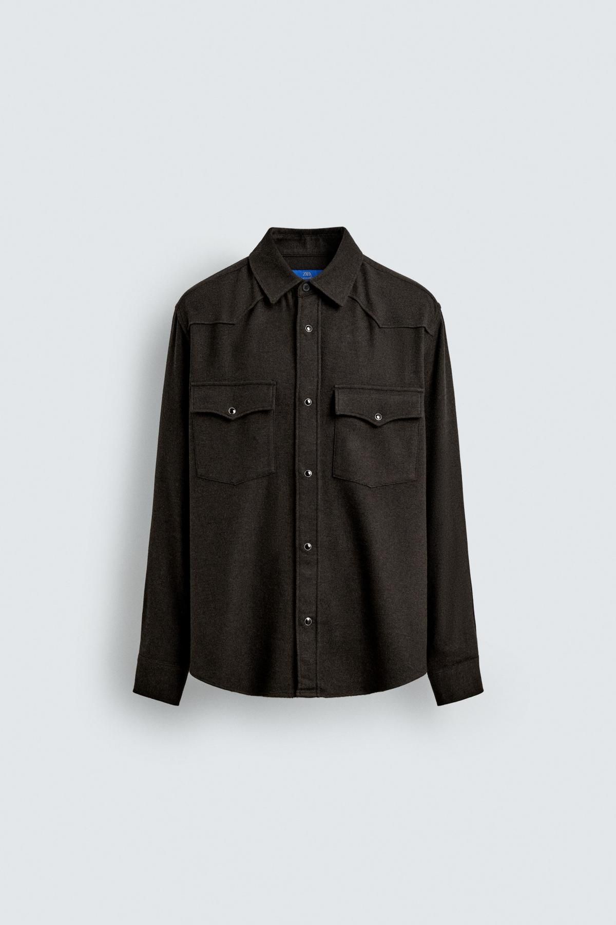 자라 울 혼방 웨스턴 긴팔 셔츠 X 아론 레빈 4046/111 DARK BROWN - 상품 이미지