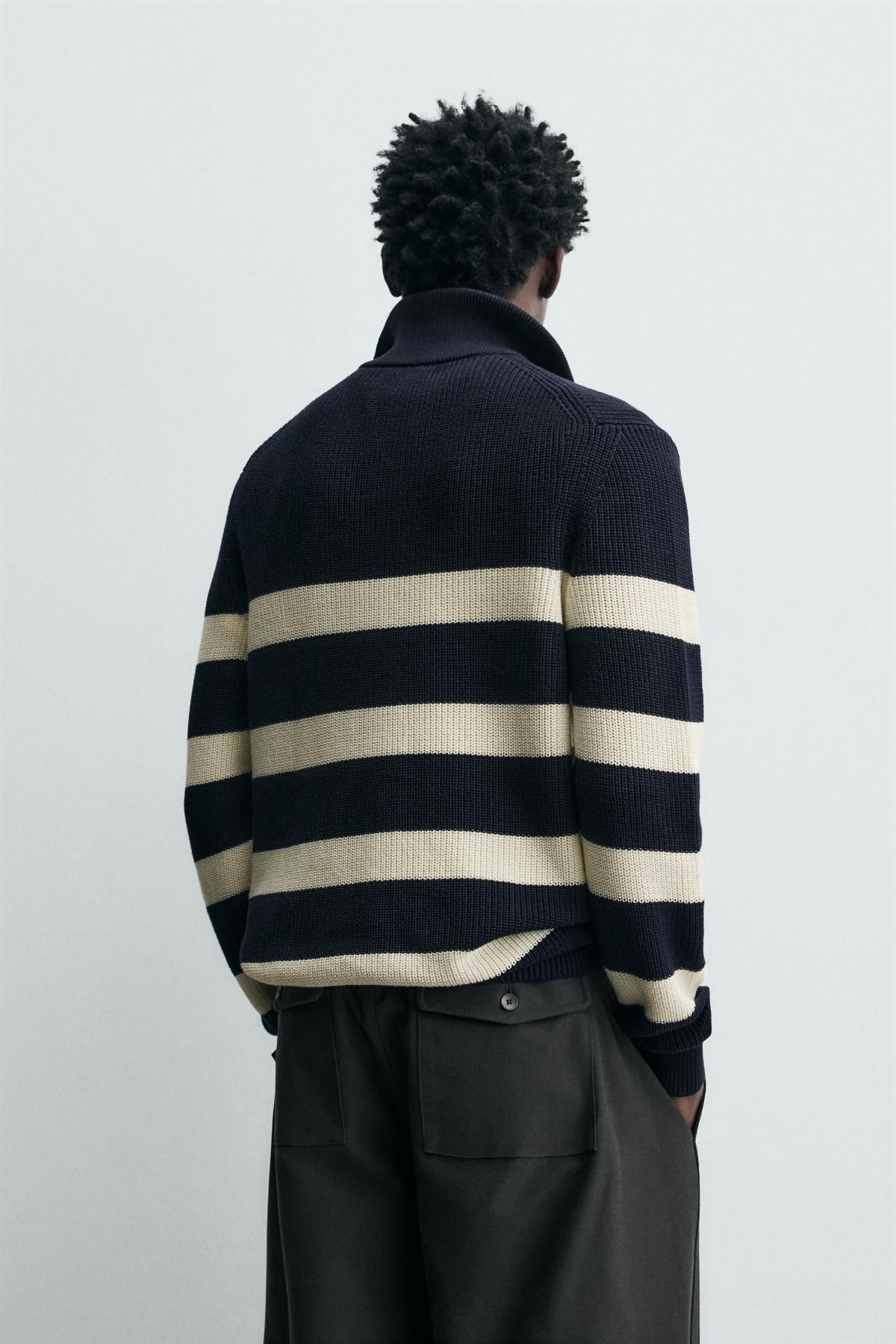 자라 스트라이프 코튼 지퍼넥 니트 스웨터 3284/400 ECRU / NAVY - 상세 이미지 4