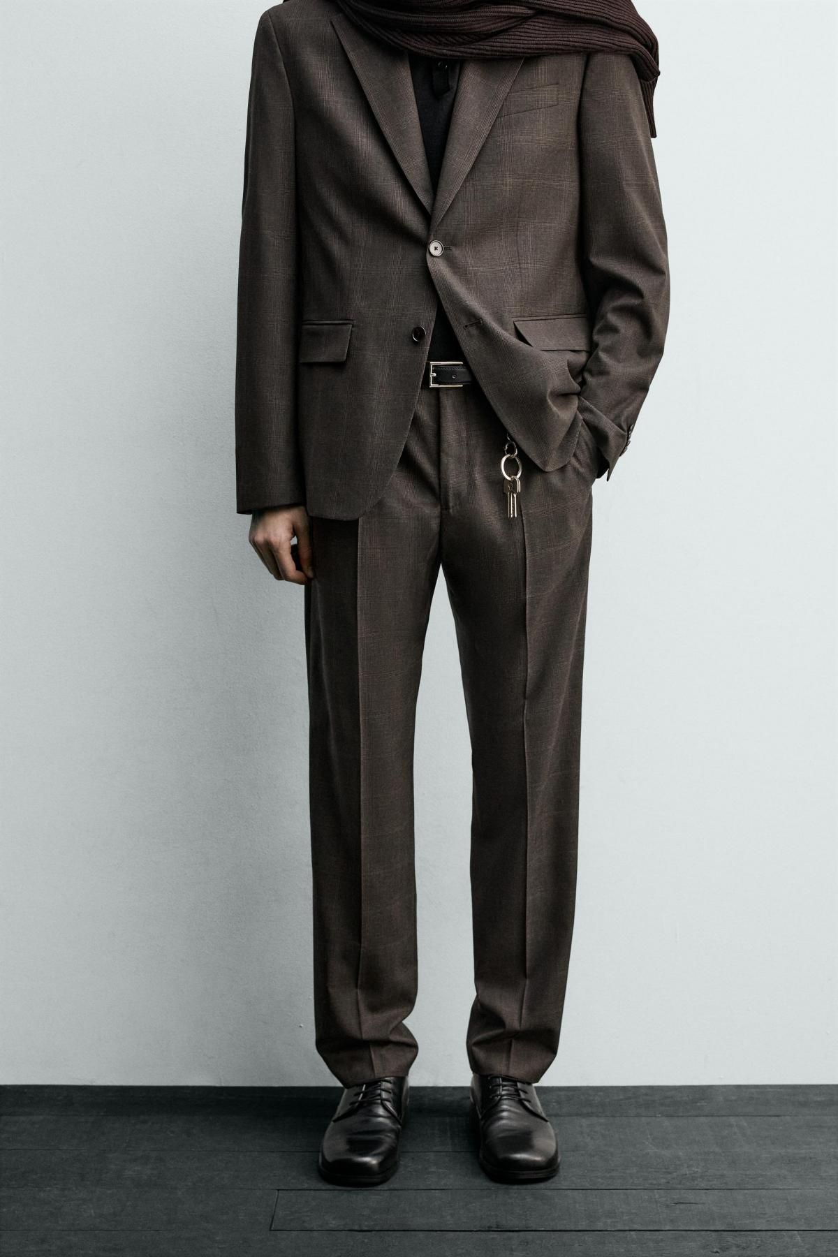 자라 슬림핏 체크 울 블렌드 수트 팬츠 1564/103 DARK BROWN - 상품 이미지