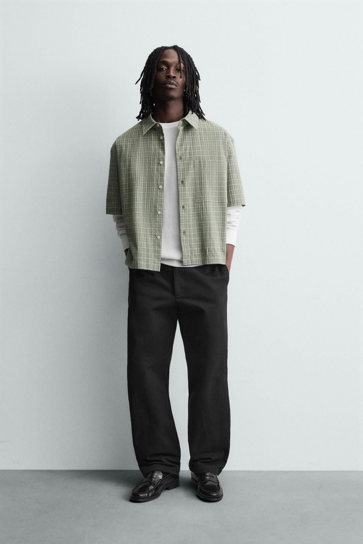 자라 오버핏 체크 반팔 셔츠 스트레치 코튼 9611/370 GREEN - 상세 이미지 2