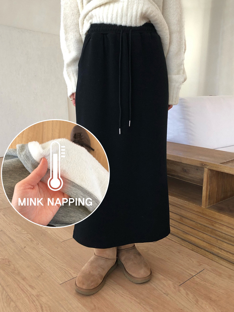 따뜻한 밍크 융 기모 스커트 H라인 롱 스커트 겨울 치마 여성 슬릿 고무줄 밴딩 기모치마 - 상품 이미지