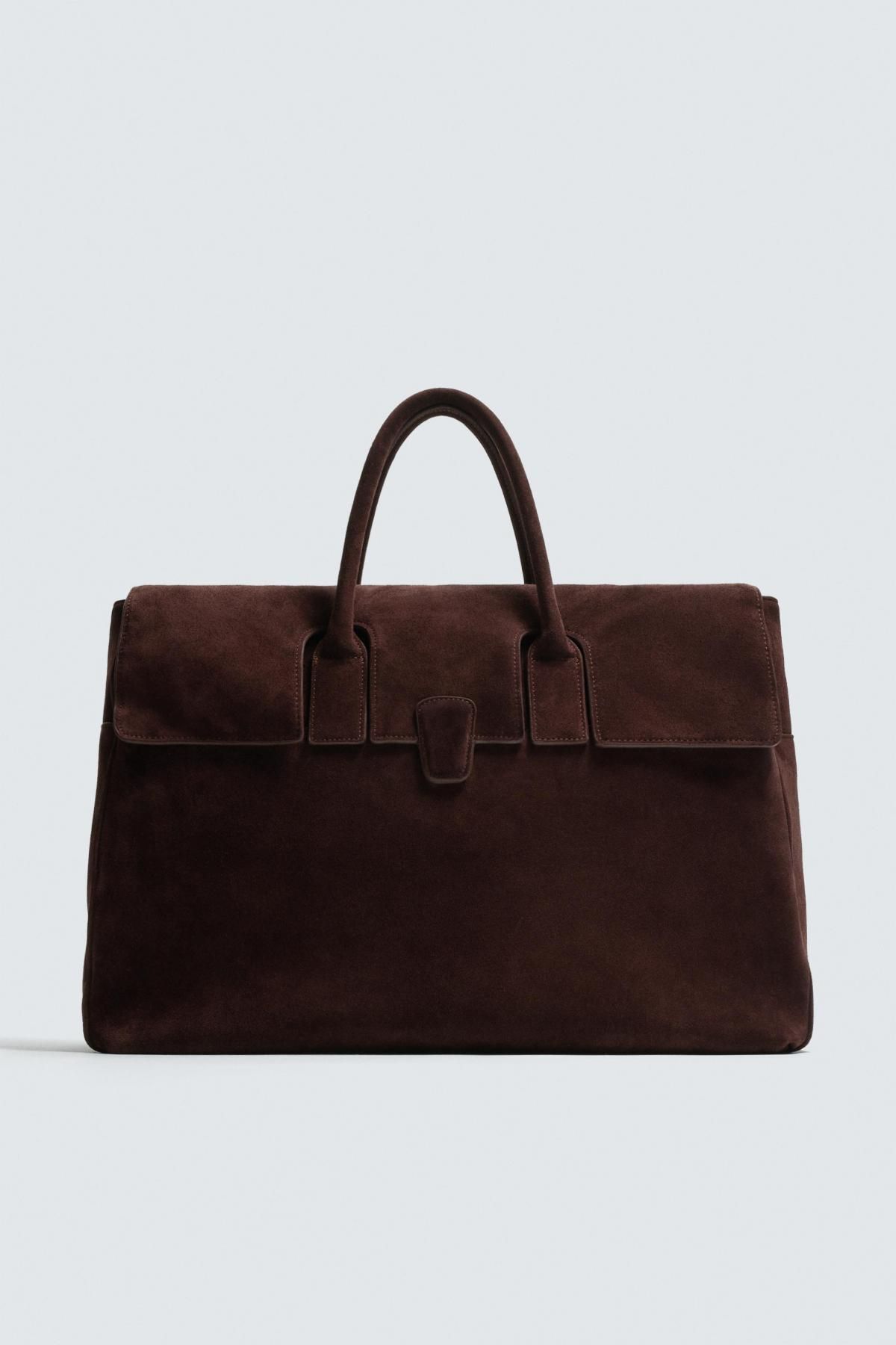 자라 프리미엄 스웨이드 레더 라지 토트백 3389/620 BURGUNDY RED - 상품 이미지