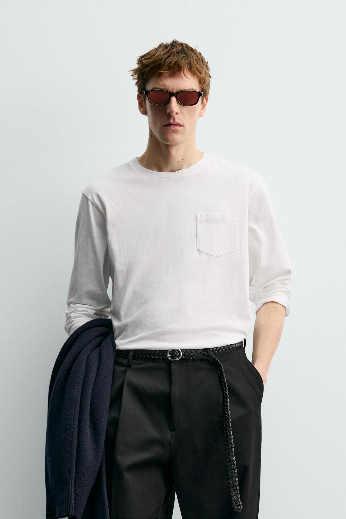 자라 코튼 포켓 긴팔 티셔츠 X 아론 레빈 1887/369 WHITE - 상세 이미지 3