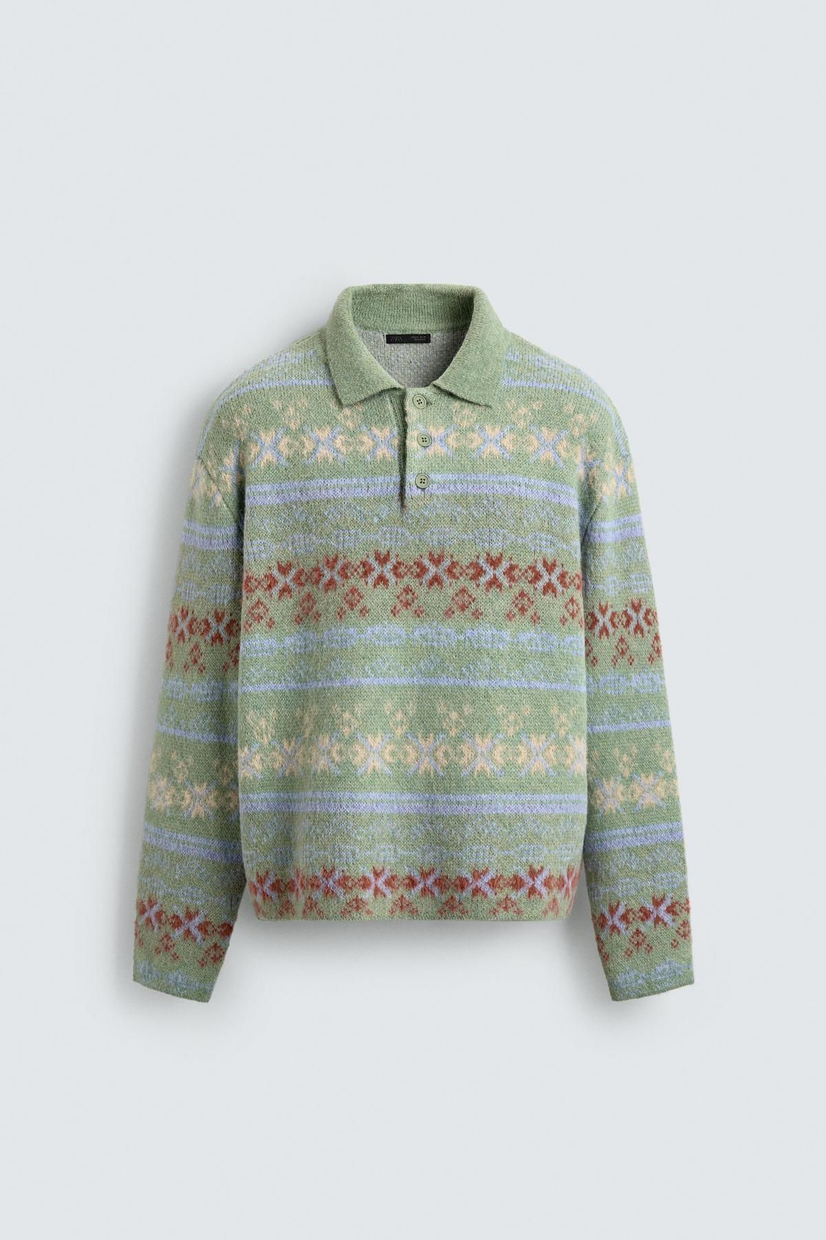 자라 지오메트릭 텍스처 자카드 니트 긴팔 폴로셔츠 2893/366 LIGHT GREEN - 상품 이미지
