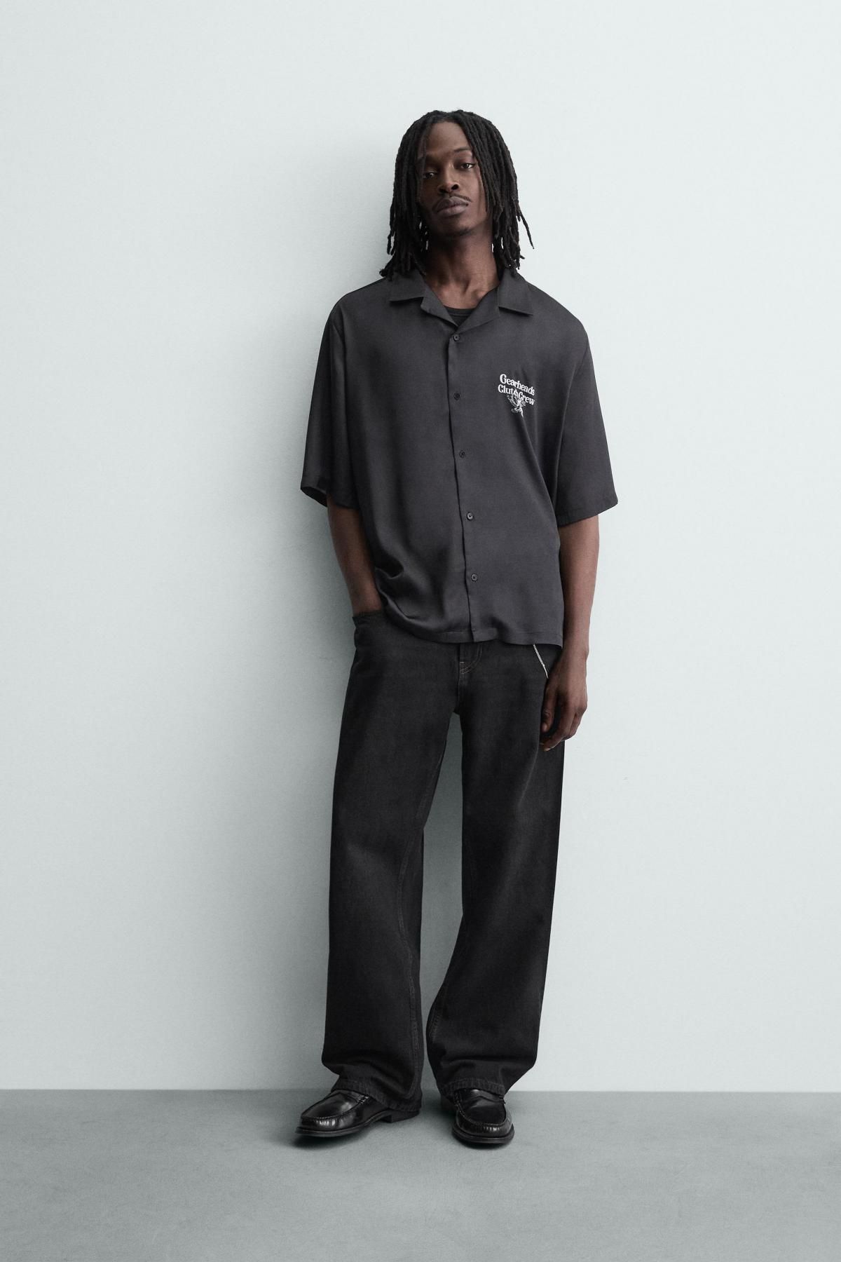 자라 테크니컬 프린트 오픈카라 반팔 셔츠 6085/316 BLACK - 상세 이미지 2
