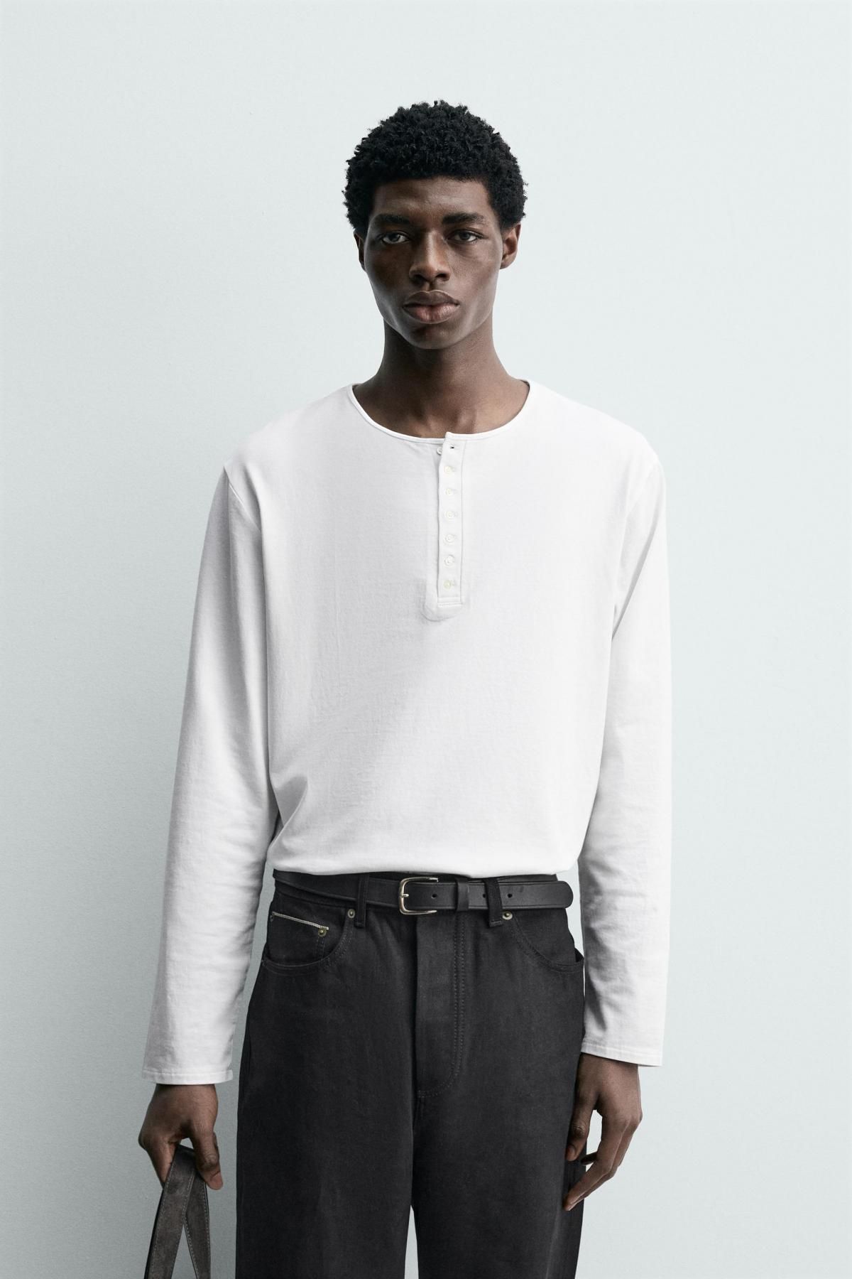 자라 코튼 실크 헨리넥 티셔츠 화이트 8054/340 OYSTER-WHITE - 상세 이미지 3