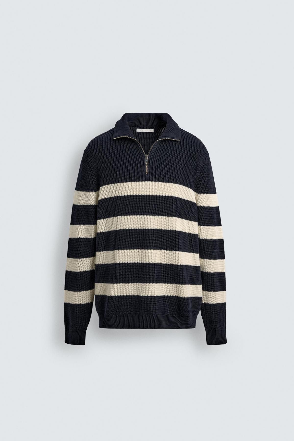 자라 스트라이프 코튼 지퍼넥 니트 스웨터 3284/400 ECRU / NAVY - 상품 이미지