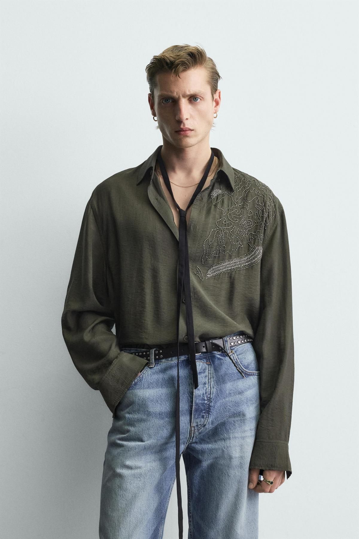자라 한정판 비즈 자수 릴렉스핏 셔츠 7200/430 DARK KHAKI - 상세 이미지 3