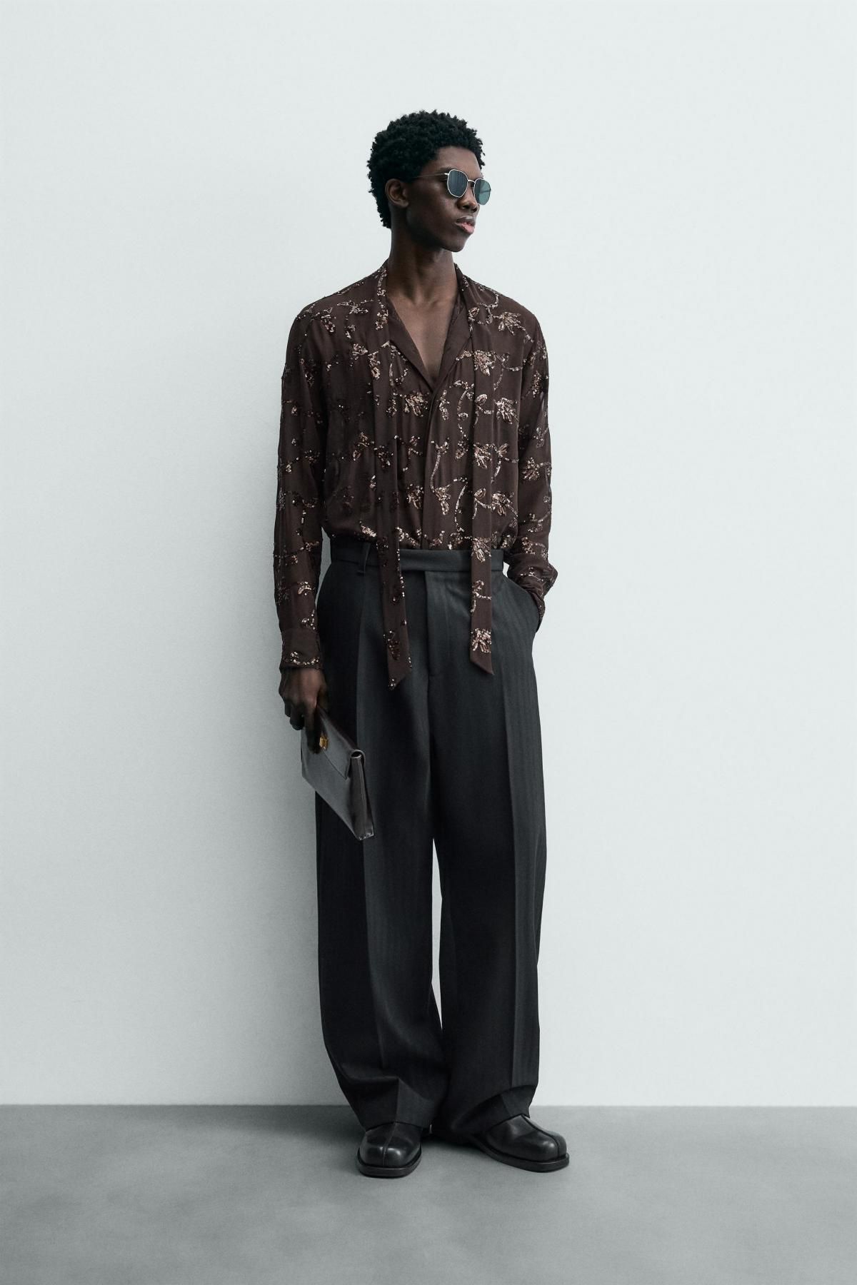 자라 한정판 시퀸 세미시스루 긴팔 셔츠 4344/105 BROWN - 상세 이미지 2