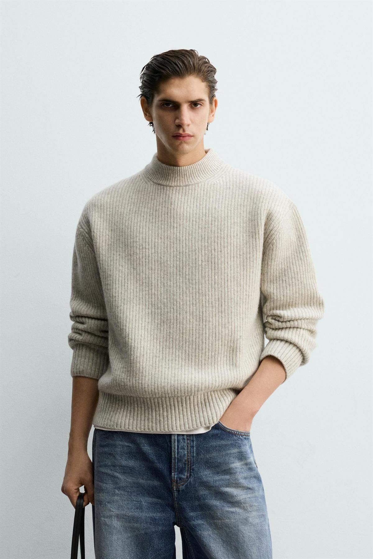 자라 오트밀 텍스처 울 혼방 스웨터 2893/350 LIGHT GREY - 상세 이미지 3