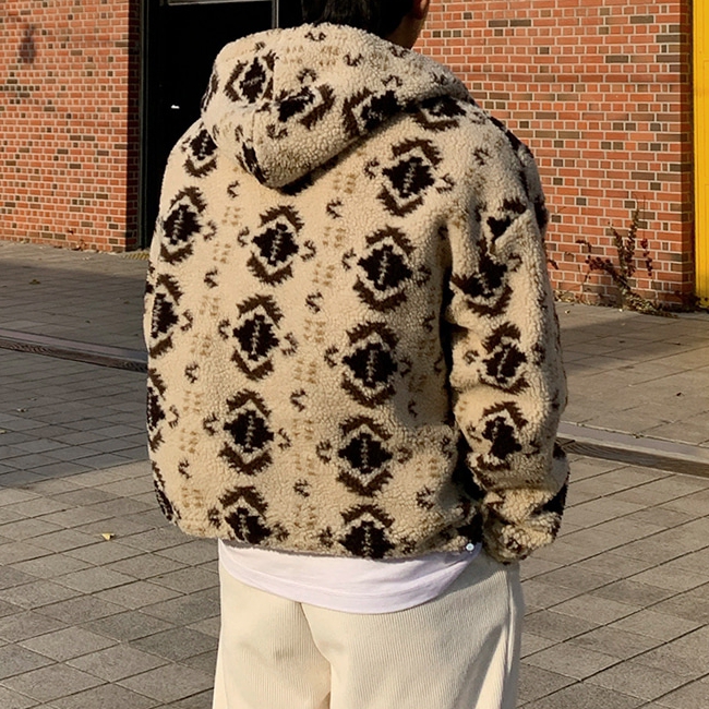 남자 덴덴 오버핏 겨울 양털 덤블 후리스 후드 집업 자켓 - 상세 이미지 4