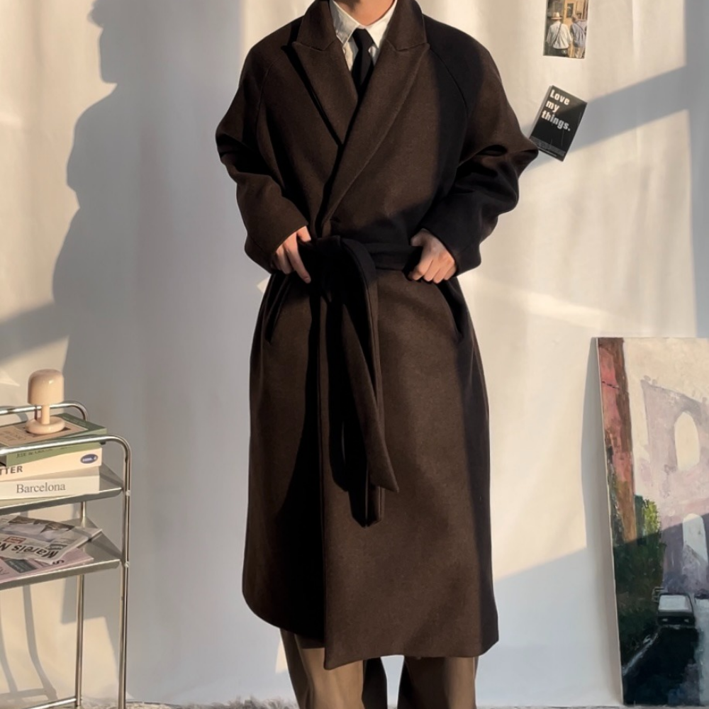 남자 로브 코트 겨울 롱 코트 울 오버핏 모직 결혼식 하객룩 - 상세 이미지 2