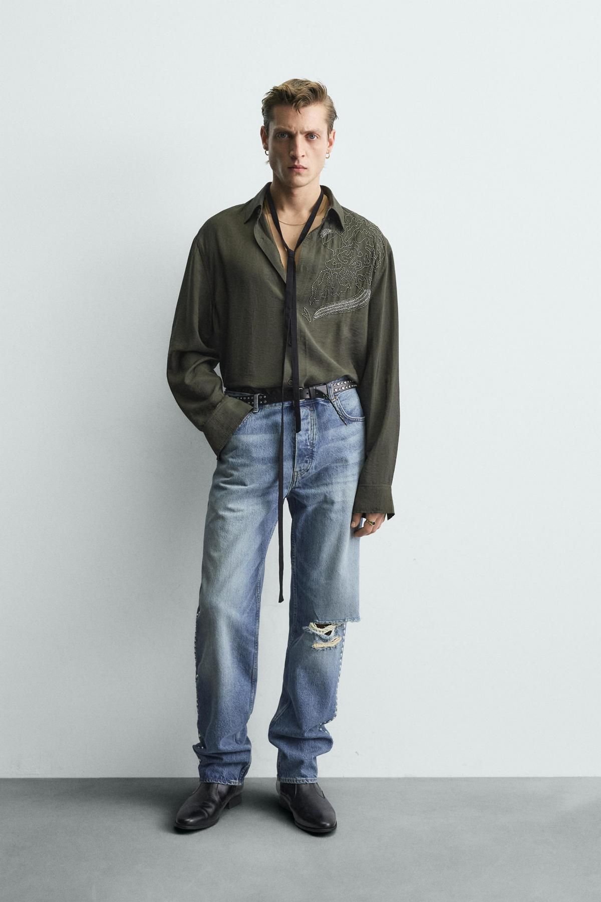 자라 한정판 비즈 자수 릴렉스핏 셔츠 7200/430 DARK KHAKI - 상세 이미지 2