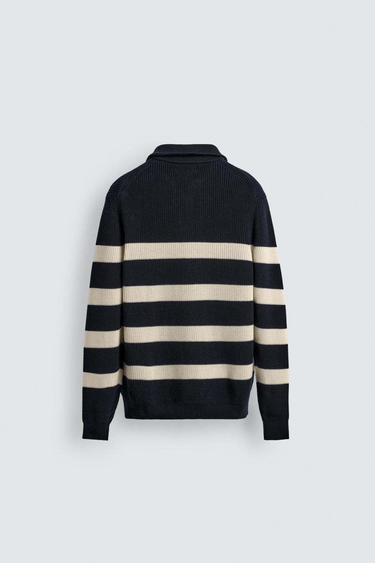 자라 스트라이프 코튼 지퍼넥 니트 스웨터 3284/400 ECRU / NAVY 이미지 8
