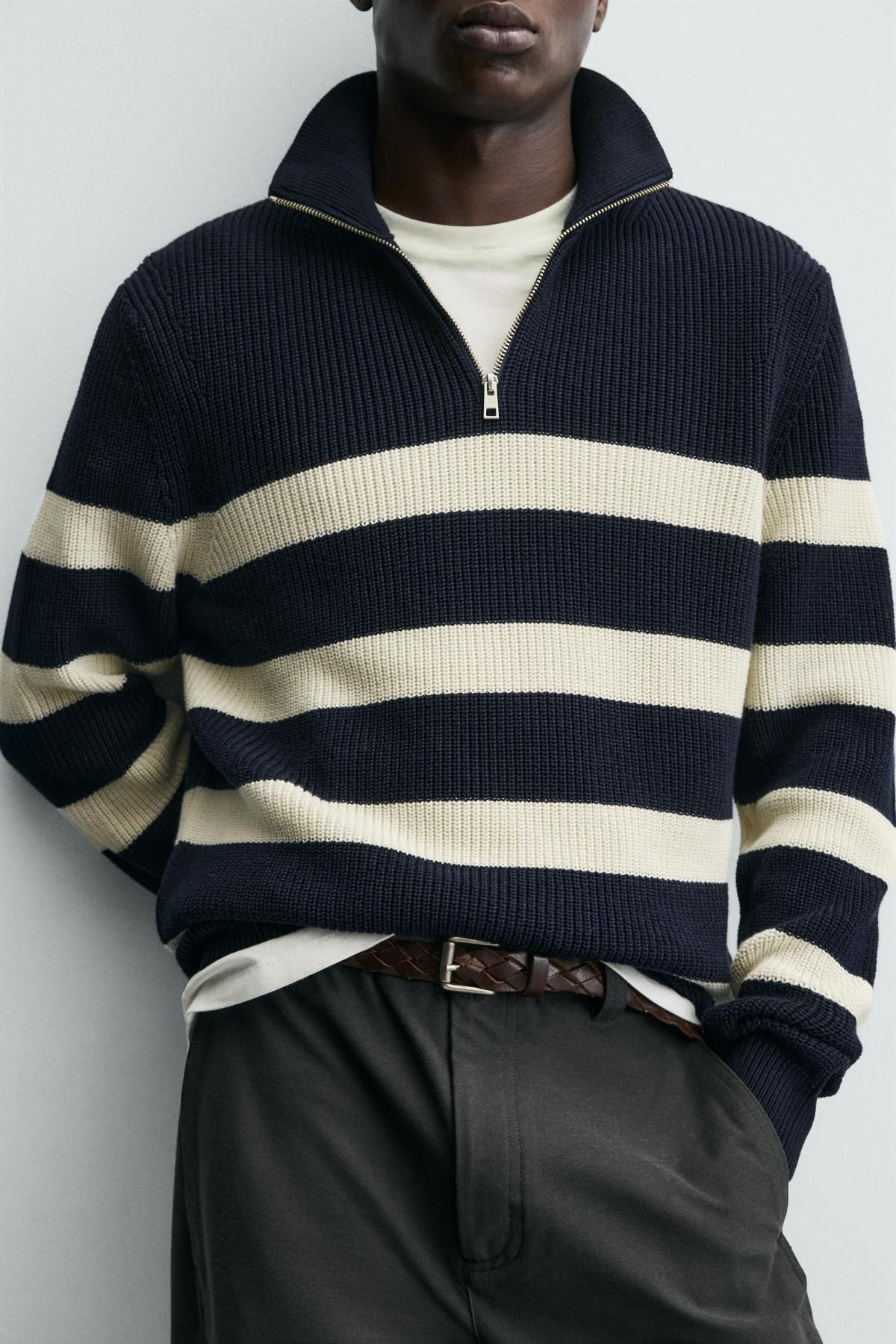 자라 스트라이프 코튼 지퍼넥 니트 스웨터 3284/400 ECRU / NAVY 이미지 7