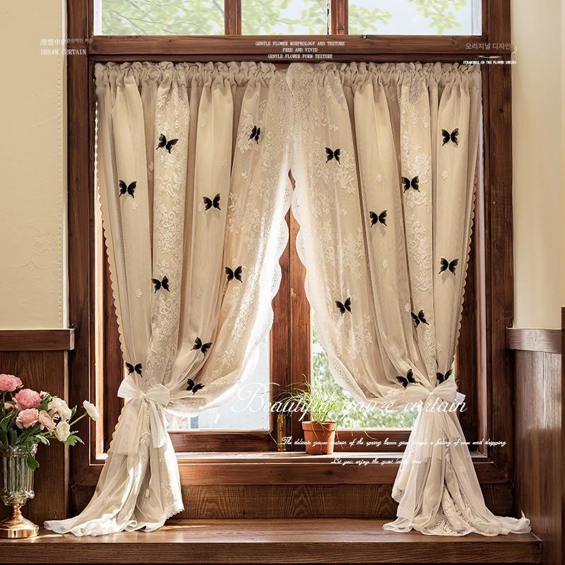 프린세스 레이스 이중 암막 침실 거실 프렌치 스타일 크림 이중층 봉 포함 200x높이 270cm