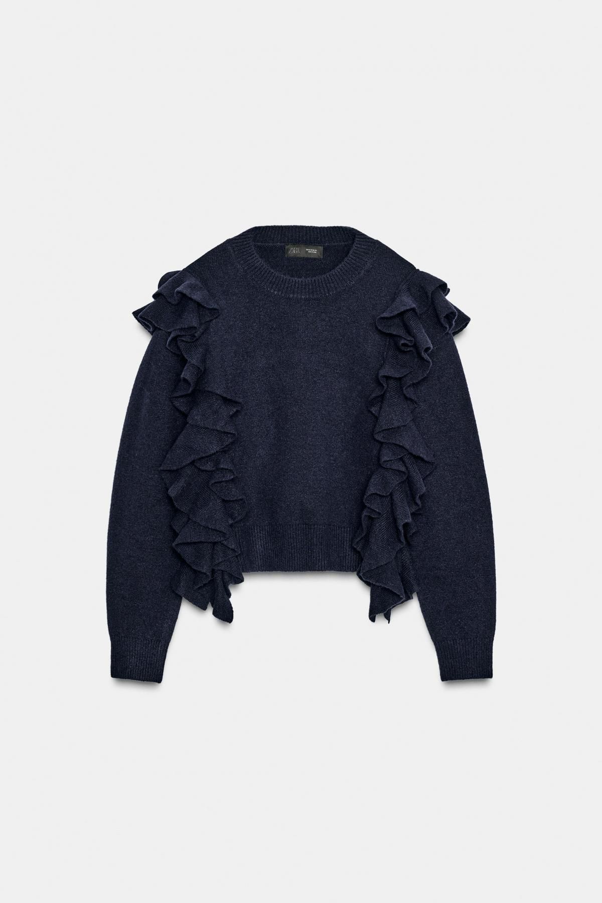 자라 로맨틱 러플 라운드넥 니트 스웨터 3581/103 DARK NAVY - 상품 이미지