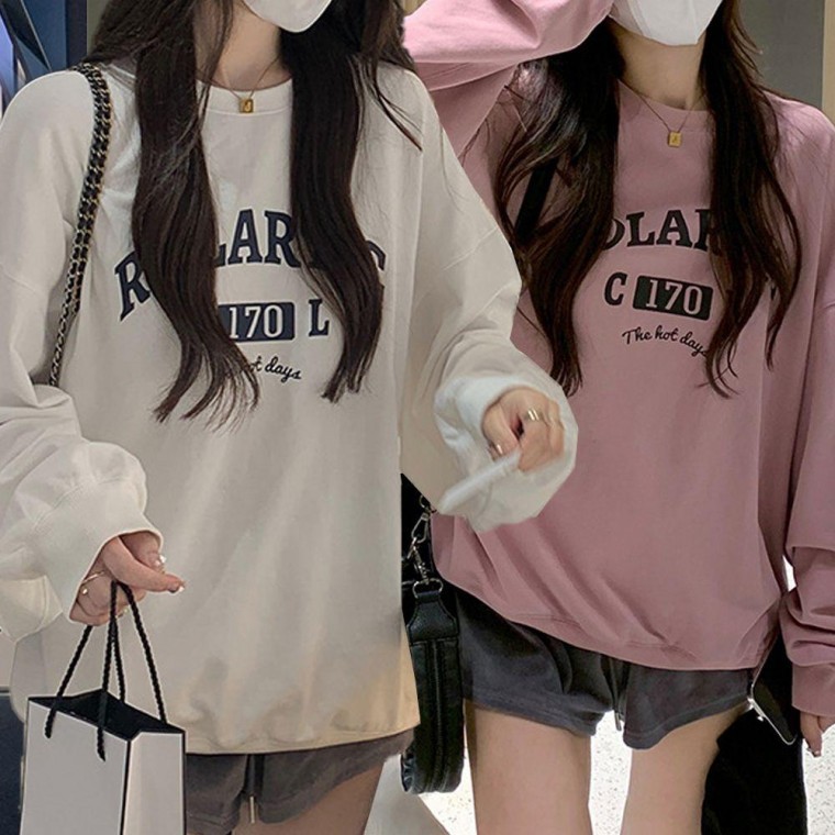 여성 봄 가을 레터링 기모 맨투맨 여자 티셔츠 긴팔 맨투맨티 긴팔티 루즈핏 여성봄 무지 - 메인 이미지