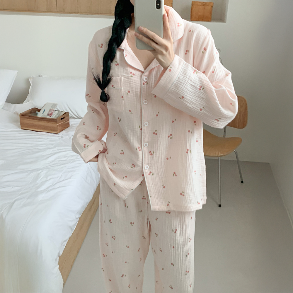 도르모 캡내장 체리잠옷 블러쉬 순면 파자마세트 - 상세 이미지 5