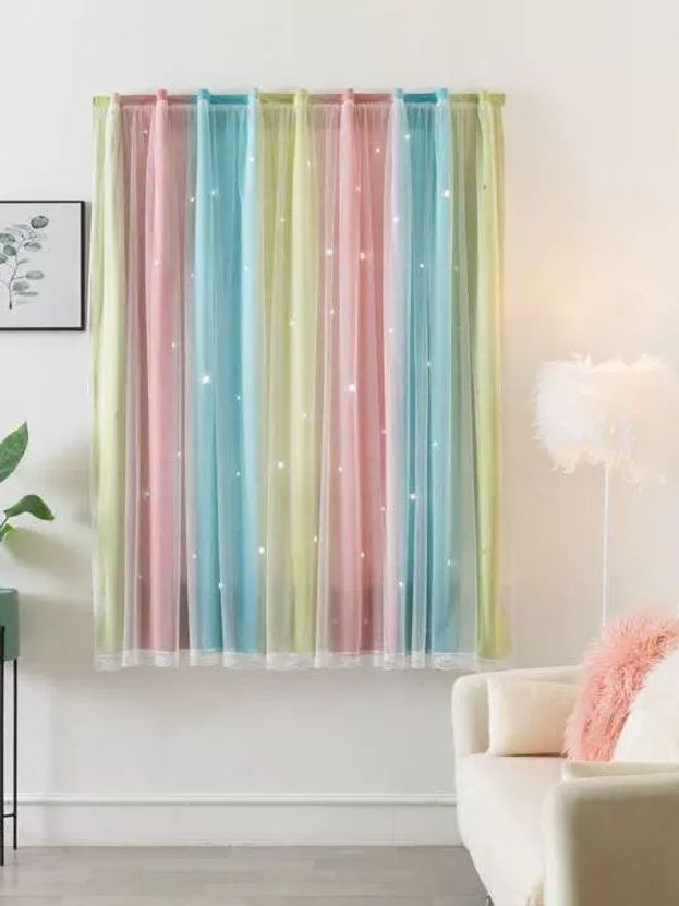 무타공 벨크로 암막 부착식 작은창 침실 공주풍 차광포 홀로우 스타 핑크 그레이 그라데이션 폭 1.0mx높이 1.7m