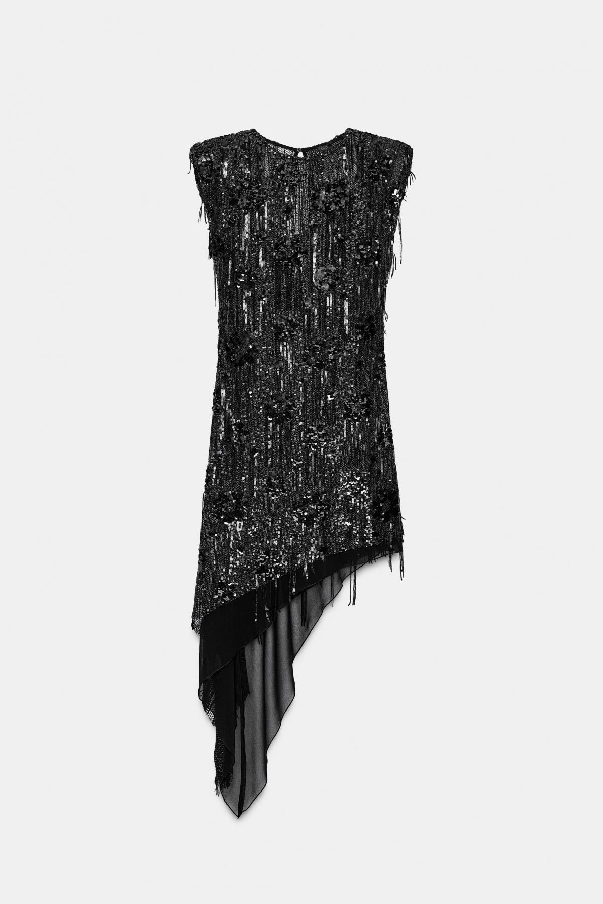 자라 시퀸 프린지 비대칭 미니 원피스 9946/829 BLACK - 상품 이미지